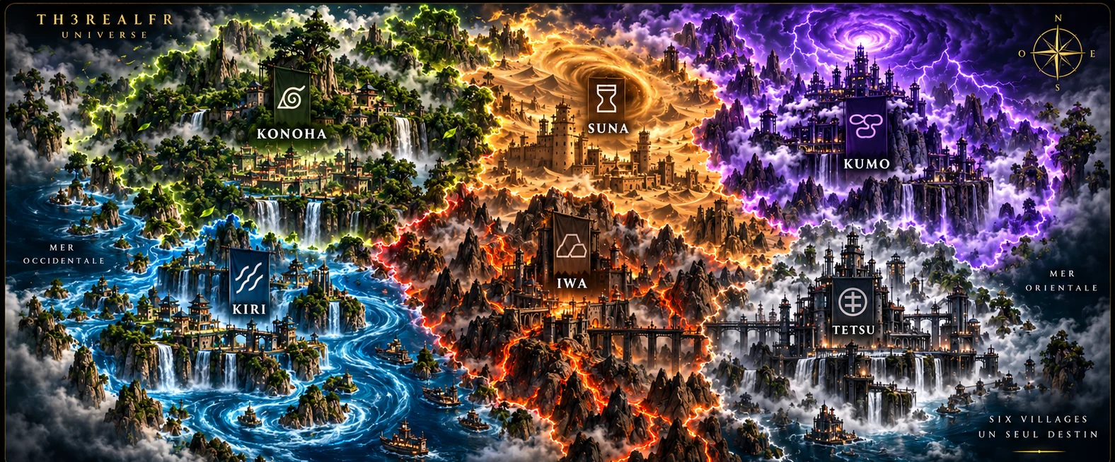 Carte des territoires de Konoha, Suna, Kumo, Kiri, Iwa et Tetsu